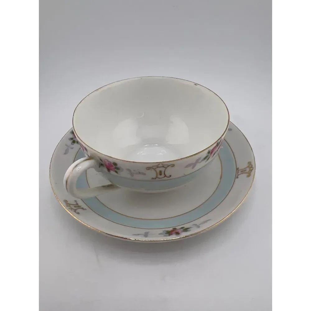 Vintage Tea Cup and Saucer Nippon Blue White Flowers‎ Floral Gold